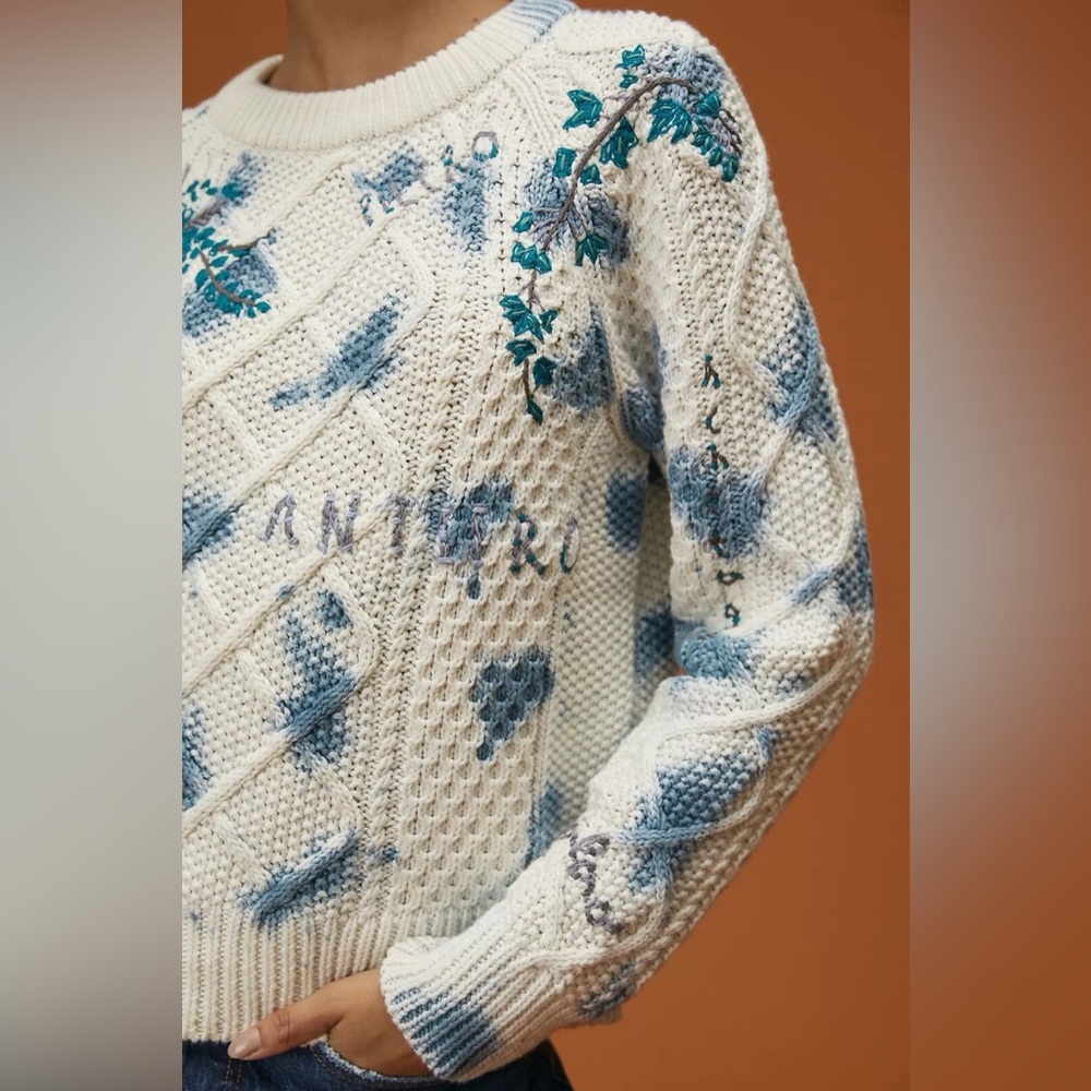 NWT Anthropologie Pilcro Blue White Floral Embroidered Cable Knit Sweater M - Picture 3 of 9